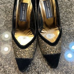 Stuart Weitzman 3 Inch Heels , Black & Gold velvet and satin with lace size 7M